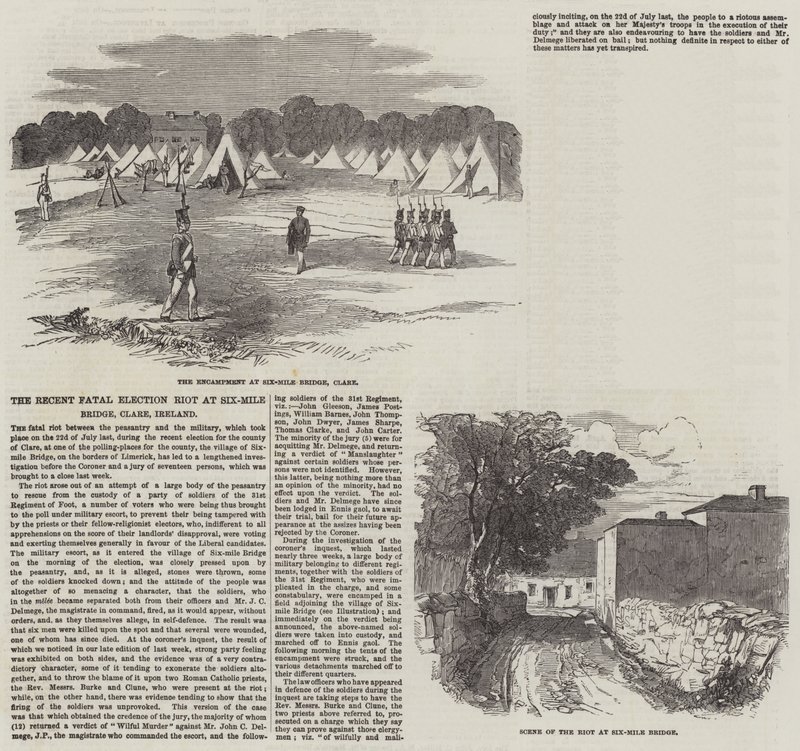 सिक्स-माइल ब्रिज, क्लेयर, आयरलैंड में हालिया घातक चुनावी दंगा (उत्कीर्णन) द्वारा अंग्रेजी स्कूल
