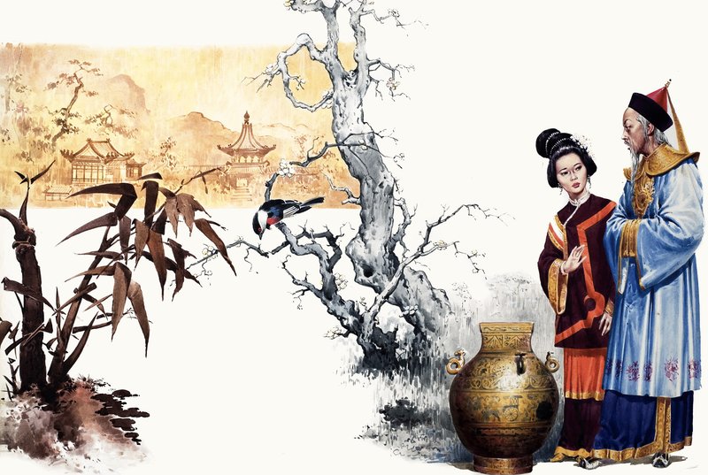 पहेली। चीनी दरबारी जादूगर राजकुमार को कलश में बदल देता है। द्वारा अंग्रेजी स्कूल