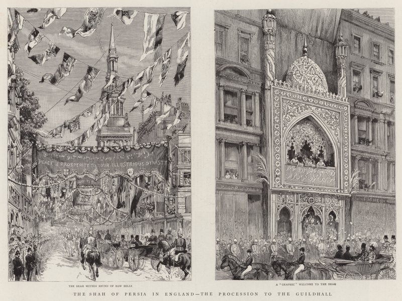 इंग्लैंड में फारस का शाह, गिल्डहॉल का जुलूस (उत्कीर्णन) द्वारा अंग्रेजी स्कूल