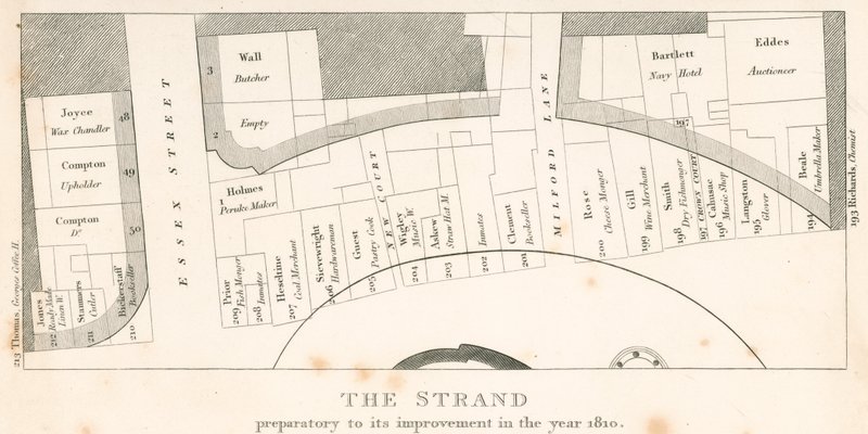 द स्ट्रैंड, लंदन, वर्ष 1810 में अपने सुधार से पहले; क्षेत्र की योजना द्वारा अंग्रेजी स्कूल