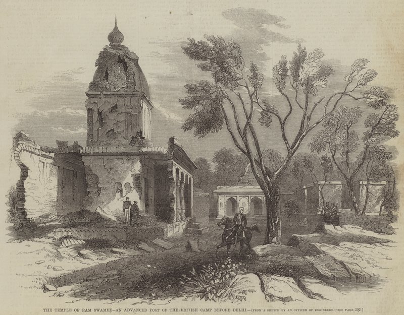 राम स्वामी का मंदिर, दिल्ली से पहले ब्रिटिश शिविर की एक उन्नत चौकी (उत्कीर्णन) द्वारा अंग्रेजी स्कूल