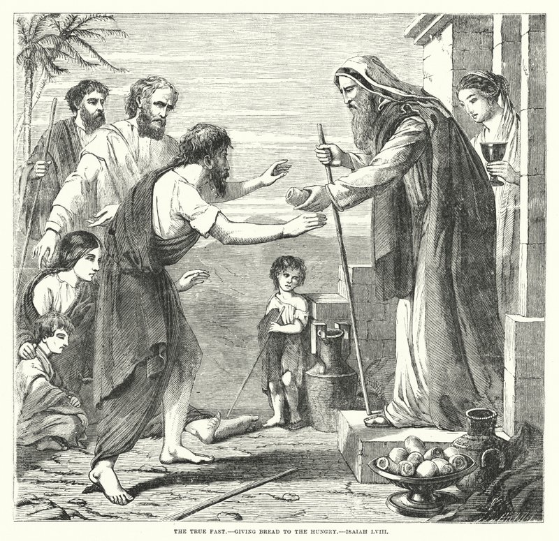 सच्चा उपवास, भूखे को रोटी देना, यशायाह LVIII (उत्कीर्णन) द्वारा अंग्रेजी स्कूल