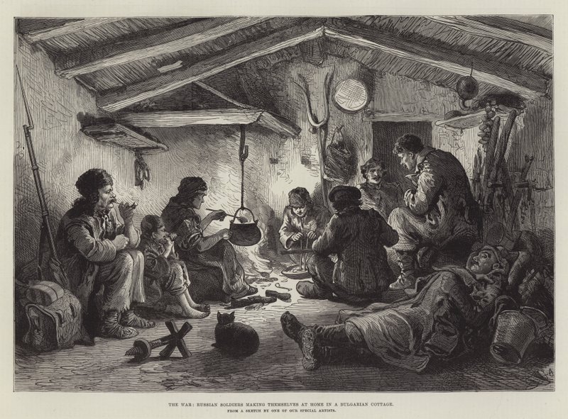 युद्ध, रूसी सैनिक बल्गेरियाई कॉटेज में खुद को घर पर बना रहे हैं (उत्कीर्णन) द्वारा अंग्रेजी स्कूल