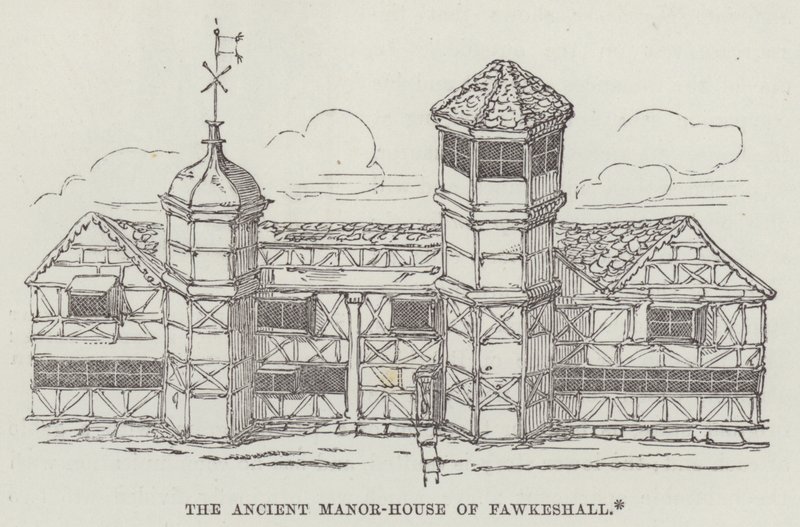 Fawkeshall (उत्कीर्णन) का प्राचीन मनोर-घर द्वारा अंग्रेजी स्कूल