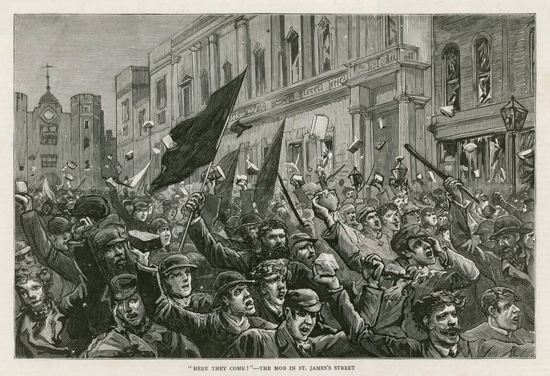 लंदन के वेस्ट एंड में दंगल, 8 फरवरी 1886: हियर वे कम! - लंदन के सेंट जेम्स स्ट्रीट में भीड़ द्वारा अंग्रेजी स्कूल