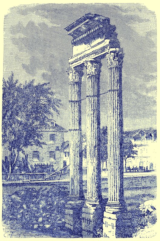 कास्टर के मंदिर में तीन स्तंभ, विक्टर डुरु द्वारा रोम के इतिहास का चित्रण, 1884 में प्रकाशित (डिजिटल रूप से बढ़ी हुई छवि) द्वारा अंग्रेजी स्कूल