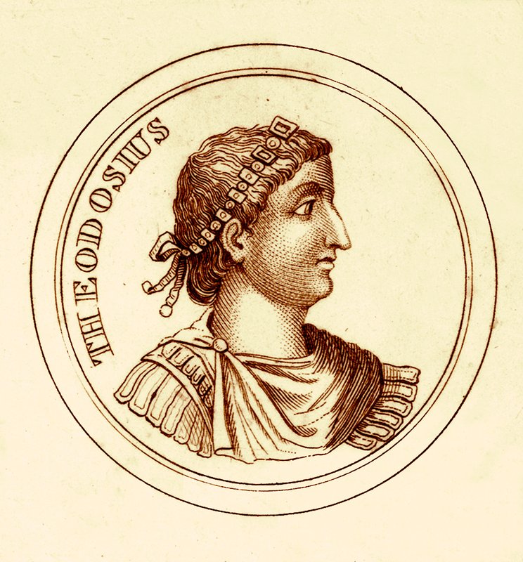 Theodosius, जॉर्ज क्रैब द्वारा द यूनिवर्सल हिस्टोरिकल डिक्शनरी का चित्रण, 1825 (डिजिटल रूप से उन्नत छवि) प्रकाशित द्वारा अंग्रेजी स्कूल