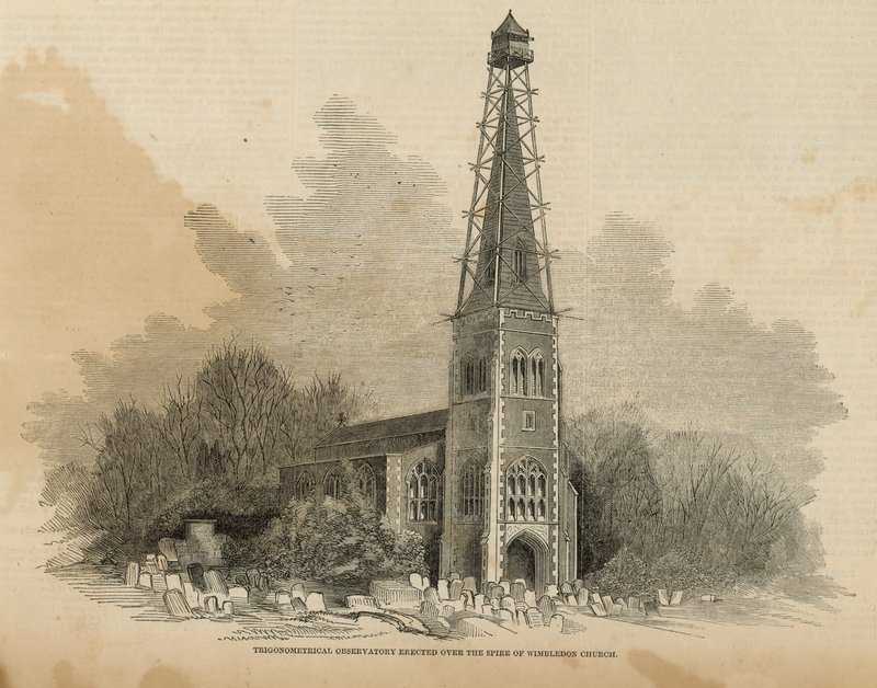 विंबलडन चर्च के शिखर पर त्रिकोणमितीय वेधशाला का निर्माण किया गया द्वारा अंग्रेजी स्कूल