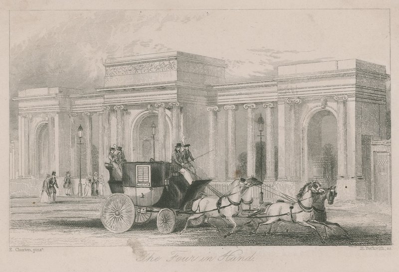 ट्रम्पल आर्क, हाइड पार्क, लंदन का प्रवेश द्वार: द फोर-इन-हैंड द्वारा अंग्रेजी स्कूल