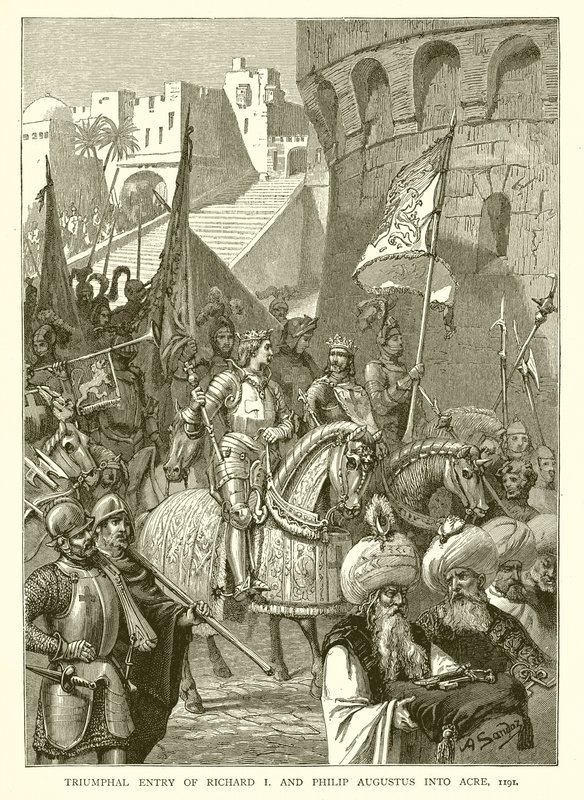रिचर्ड I और फिलिप ऑगस्टस की ट्रम्पल एंट्री एकर, 1191 में द्वारा अंग्रेजी स्कूल