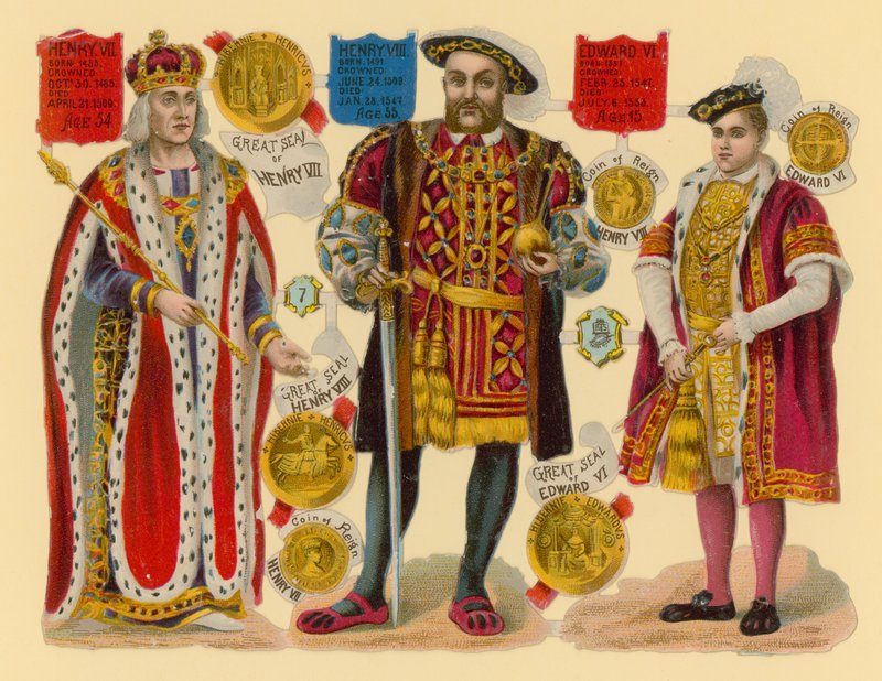 विक्टोरियन स्क्रैप: किंग हेनरी VII, किंग हेनरी VIII, किंग एडवर्ड VI द्वारा अंग्रेजी स्कूल