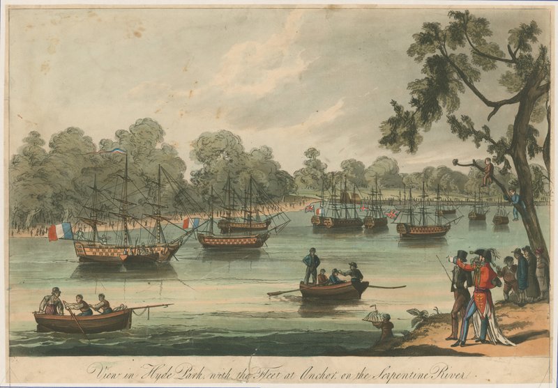 नागिन नदी पर लंगर में बेड़े के साथ हाइड पार्क में देखें। Naumachia। 1814 की शांति द्वारा अंग्रेजी स्कूल
