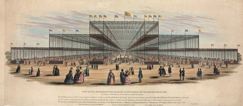 1851 की प्रदर्शनी के लिए हाइड पार्क में भवन के इंटीरियर का दृश्य द्वारा अंग्रेजी स्कूल