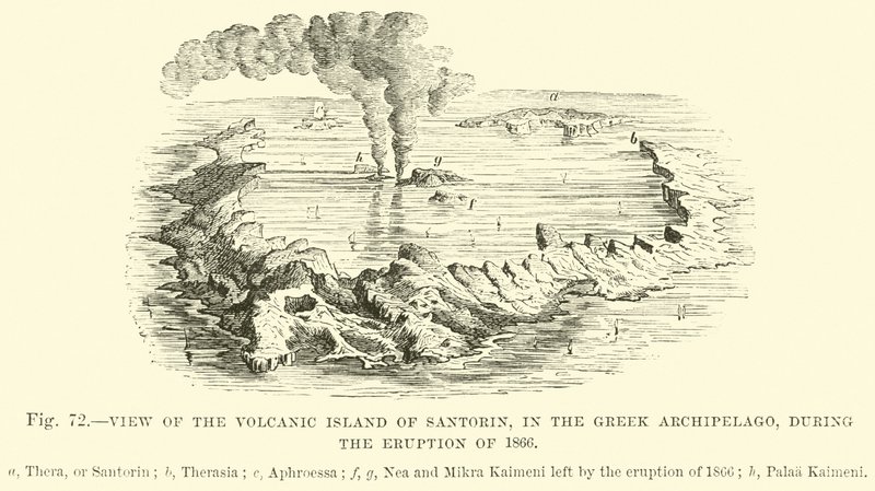 1866 के विस्फोट के दौरान, ग्रीक द्वीपसमूह में, सैंटोरिन के ज्वालामुखी द्वीप का दृश्य द्वारा अंग्रेजी स्कूल
