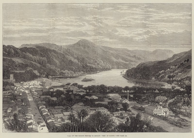 नाविक राजकुमारों की सीलोन की यात्रा, कैंडी का दृश्य (उत्कीर्णन) द्वारा अंग्रेजी स्कूल