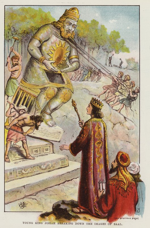 युवा राजा योशिय्याह बाल की छवियों को तोड़ रहा है (रंग लिथो) द्वारा अंग्रेजी स्कूल