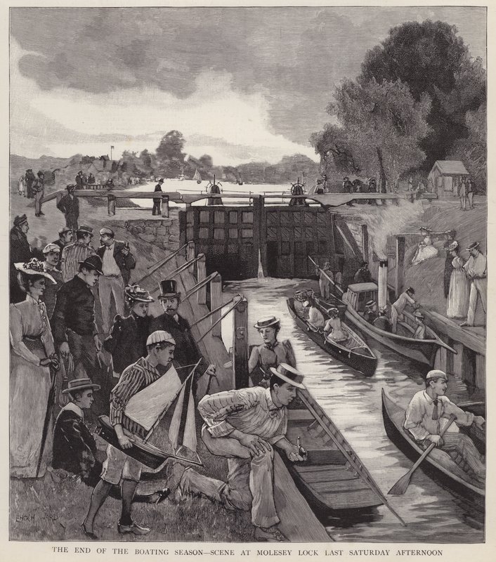 बोटिंग सीज़न का अंत: टेम्स नदी पर मोल्सी लॉक का दृश्य, सरे (लिथो) द्वारा एनोच वार्ड
