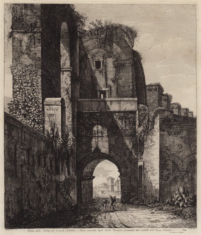 एक्वा क्लाउडिया, रोम, इटली (उत्कीर्णन) के नेरोनियन मेहराब के भीतर संलग्न डोलाबेला और सिलैनस के मेहराब द्वारा यूरोपीय स्कूल
