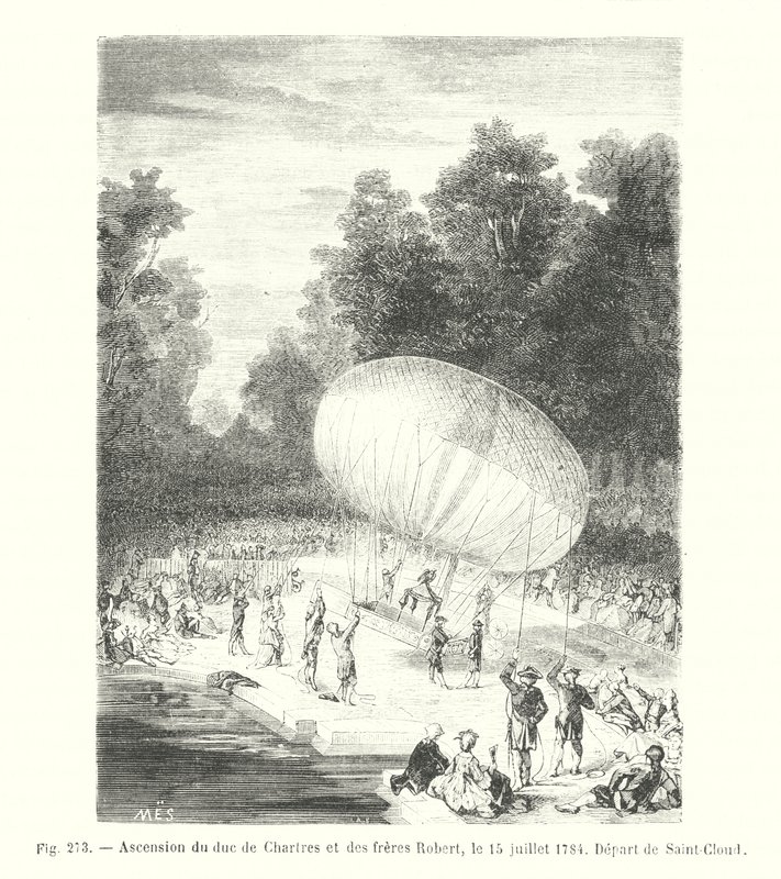 ड्यूक ऑफ चार्टर्स और रॉबर्ट भाइयों का उदगम, 15 जुलाई, 1784, सेंट-क्लाउड से प्रस्थान (उत्कीर्णन) द्वारा यूरोपीय स्कूल