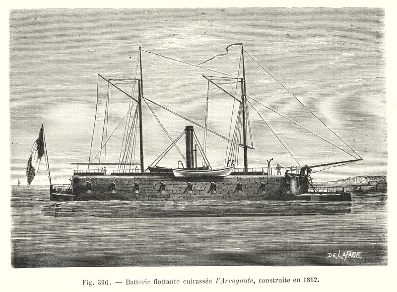 बख़्तरबंद फ्लोटिंग बैटरी l'Arrogante, 1862 में निर्मित (उत्कीर्णन) द्वारा यूरोपीय स्कूल