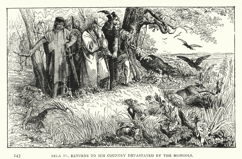 बेला IV, मंगोलों द्वारा तबाह अपने देश में लौटता है (उत्कीर्णन) द्वारा यूरोपीय स्कूल
