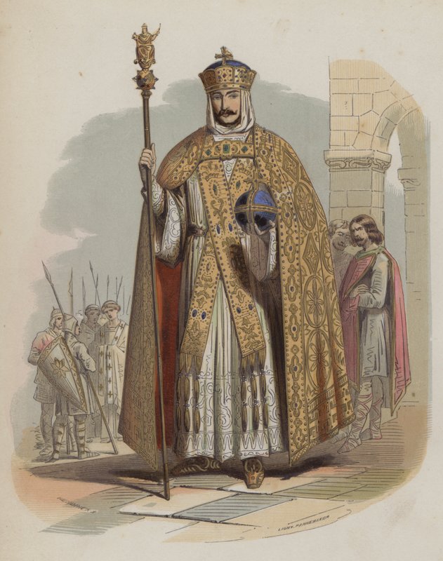 शारलेमेन, फ्रैंकिश राजा और पवित्र रोमन सम्राट (रंगीन उत्कीर्णन) द्वारा यूरोपीय स्कूल