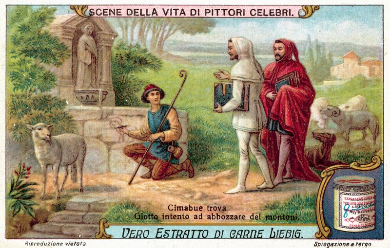 Cimabue ने Giotto को गहन रूप से भेड़ की स्केचिंग करते हुए पाया (क्रोमोलिथो) द्वारा यूरोपीय स्कूल