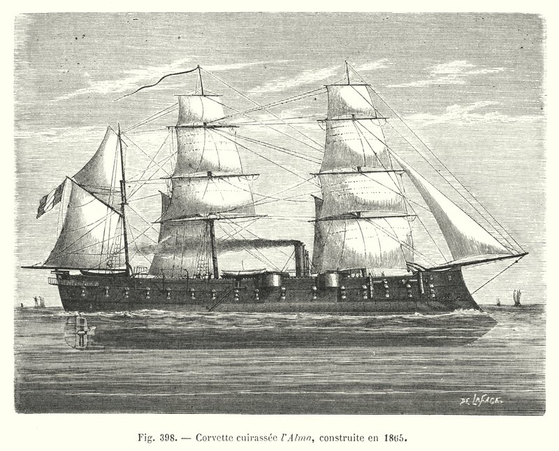 अल्मा बख़्तरबंद कार्वेट, 1865 में निर्मित (उत्कीर्णन) द्वारा यूरोपीय स्कूल