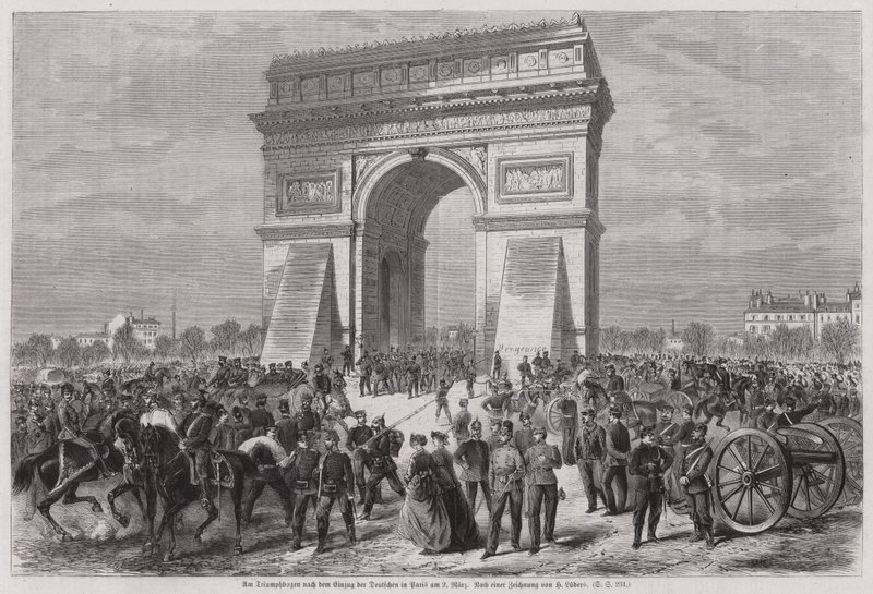 2 मार्च 1871 (उत्कीर्णन) फ्रेंको-प्रुशियन युद्ध में जीत हासिल करने के बाद, आर्क डी ट्रायम्फ, पेरिस में जर्मन सैनिक द्वारा यूरोपीय स्कूल