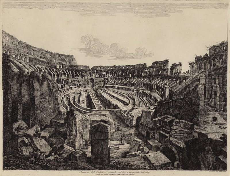 रोम में कोलिज़ीयम का आंतरिक भाग, 1813 में उत्खनन किया गया और 1814 में खोला गया (उत्कीर्णन) द्वारा यूरोपीय स्कूल