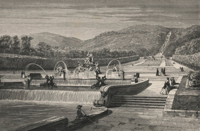 ला पीस ऑफ वॉटर एंड द वॉटरफॉल इन कैसर्टा (उत्कीर्णन) द्वारा यूरोपीय स्कूल