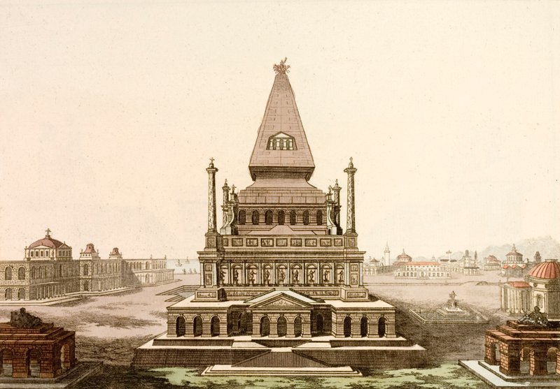 हलिकर्नासस में समाधि, फारसी क्षत्रप मौसोलस का मकबरा, प्राचीन विश्व के सात अजूबों में से एक (रंगीन उत्कीर्णन) द्वारा यूरोपीय स्कूल
