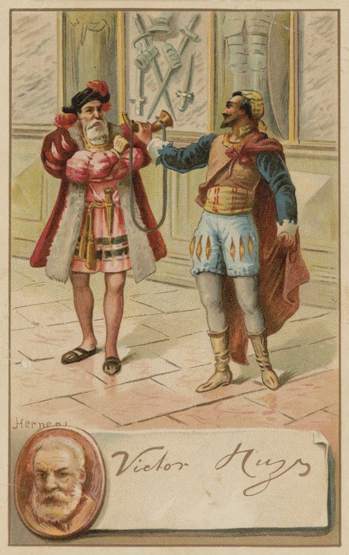 विक्टर ह्यूगो, फ्रांसीसी लेखक, और उनके नाटक हर्नानी का एक दृश्य (1830) द्वारा यूरोपीय स्कूल
