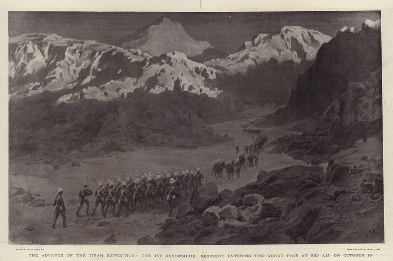 तिराह अभियान का अग्रिम, १ अक्टूबर को ३:३० पूर्वाह्न ३:३० बजे कोहाट दर्रे में प्रवेश करने वाली पहली डेवोनशायर रेजीमेंट द्वारा फ्रैंक डैड