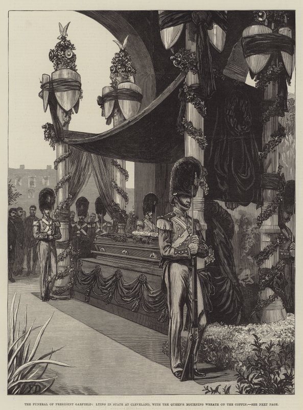 राष्ट्रपति गारफील्ड का अंतिम संस्कार, क्लीवलैंड में राज्य में झूठ बोलना, कफिन पर रानी के शोक पुष्पांजलि द्वारा फ्रैंक डैड