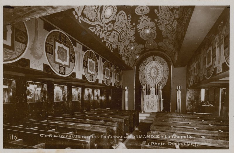 चैपल ऑन स्टीमबोट, ला नॉर्मंडी। 1913 में पोस्टकार्ड भेजा गया। द्वारा फ्रेंच फोटोग्राफर