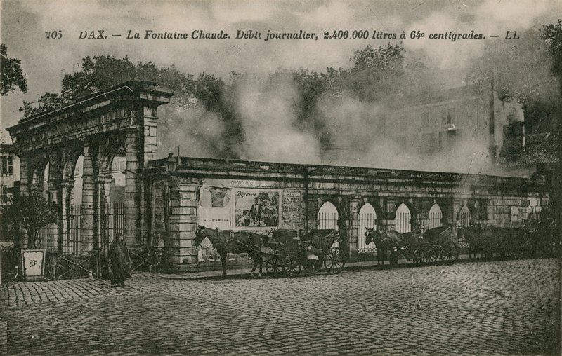 डैक्स - गर्म पानी के झरने (दैनिक प्रवाह: 64 सेंटीग्रेड पर 2400000 लीटर)। 1913 में पोस्टकार्ड भेजा गया। द्वारा फ्रेंच फोटोग्राफर