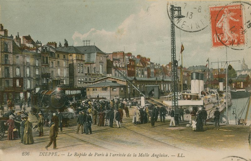 Dieppe पर पेरिस एक्सप्रेस ट्रेन तट पर। 1913 में पोस्टकार्ड भेजा गया। द्वारा फ्रेंच फोटोग्राफर