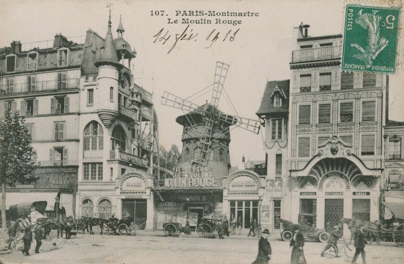 1913 में भेजा गया मौलिन रूज, पेरिस का पोस्टकार्ड द्वारा फ्रेंच फोटोग्राफर
