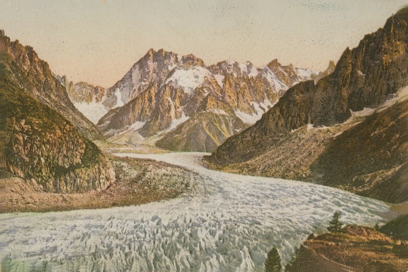 पहाड़ों और ग्लेशियर का दृश्य। 1913 में पोस्टकार्ड भेजा गया। द्वारा फ्रेंच फोटोग्राफर