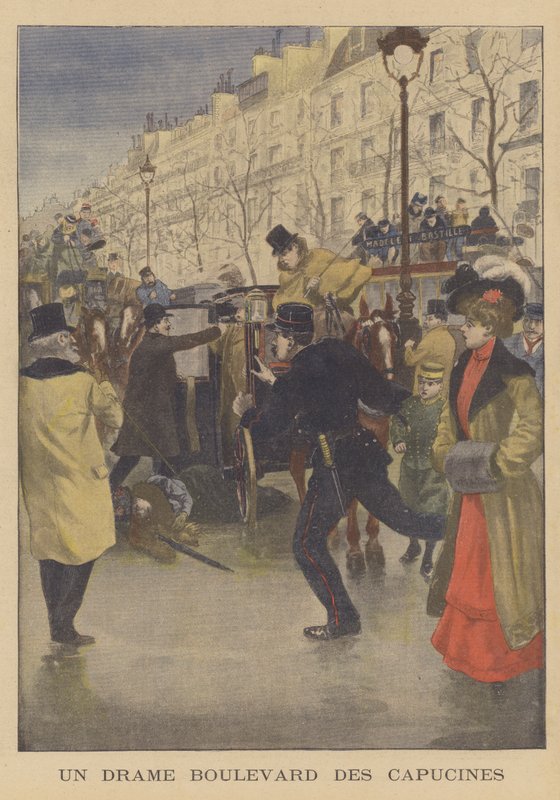 Boulevard des Capucines, पेरिस पर एक हत्या (रंग लिथो) द्वारा फ्रेंच स्कूल
