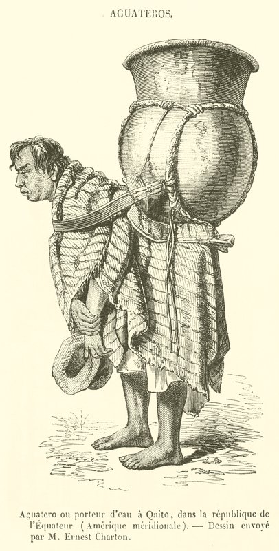 इक्वाडोर गणराज्य, दक्षिण अमेरिका (उत्कीर्णन) में Qnito में Aguatero या जल वाहक द्वारा फ्रेंच स्कूल