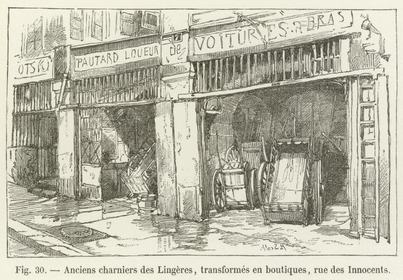 पुरानी सामूहिक कब्रें Lingeres, दुकानों में बदल गईं, rue des Innocents द्वारा फ्रेंच स्कूल