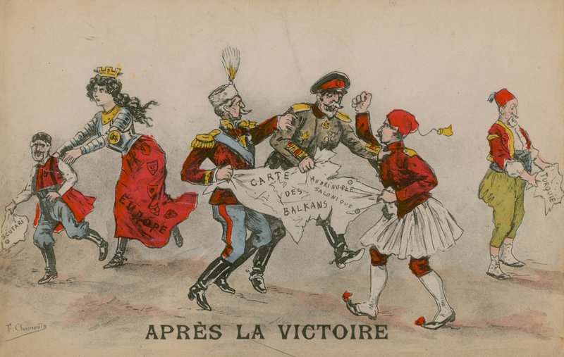 Apres La Victoire, बाल्कन के बारे में राजनीतिक कार्टून। 14 जून 1913 को पोस्टकार्ड भेजा गया। द्वारा फ्रेंच स्कूल