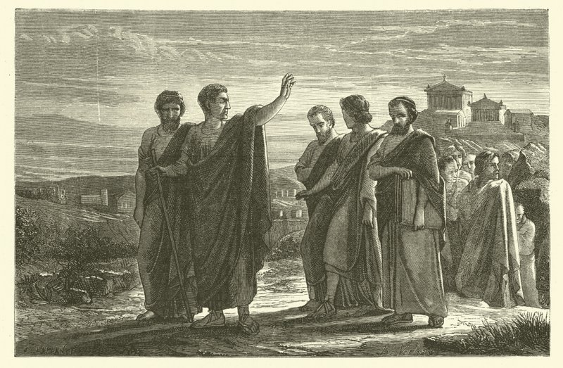 अपने शिष्यों के साथ एथेंस से निर्वासित अरस्तू (उत्कीर्णन) द्वारा फ्रेंच स्कूल