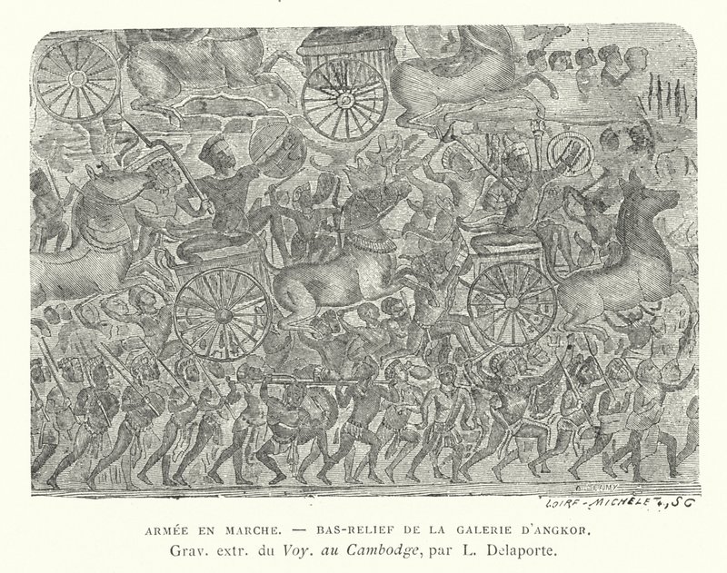 मार्च पर सेना, अंगकोर, कंबोडिया से बस-राहत (उत्कीर्णन) द्वारा फ्रेंच स्कूल