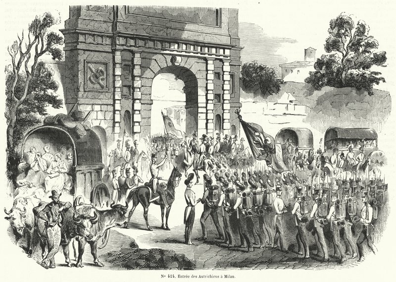 मिलान, इटली में प्रवेश करने वाले ऑस्ट्रियाई सैनिक, 6 अगस्त 1848 (उत्कीर्णन) द्वारा फ्रेंच स्कूल