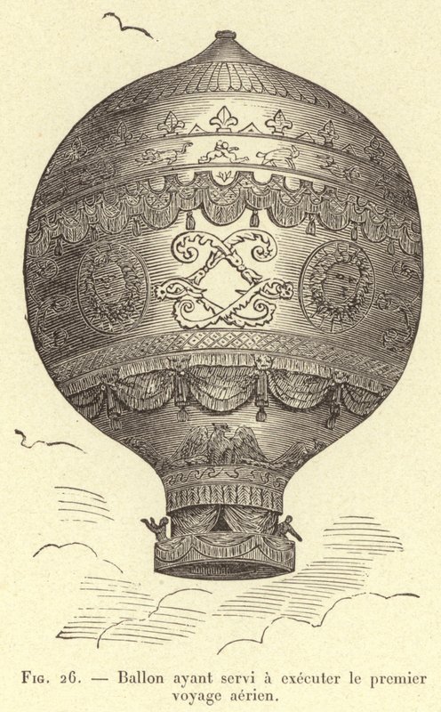 पहली हवाई यात्रा करने के लिए इस्तेमाल किया जाने वाला गुब्बारा (उत्कीर्णन) द्वारा फ्रेंच स्कूल