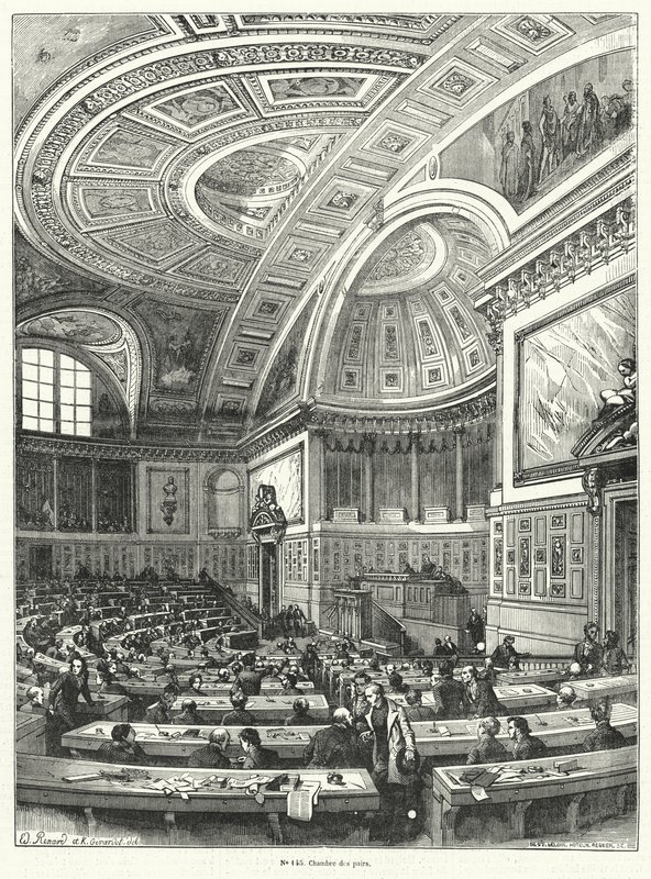 चंब्रे डेस पेयर्स (चेंबर ऑफ पीयर), 1814 से फ्रांसीसी संसद का ऊपरी सदन 1848 की क्रांति के बाद इसके उन्मूलन तक (उत्कीर्णन) द्वारा फ्रेंच स्कूल