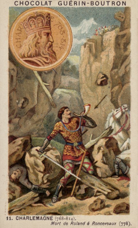 शारलेमेन एंड द डेथ ऑफ़ रोलैंड एट रोन्सवेक्स, 778 (क्रोमोलिथो) द्वारा फ्रेंच स्कूल